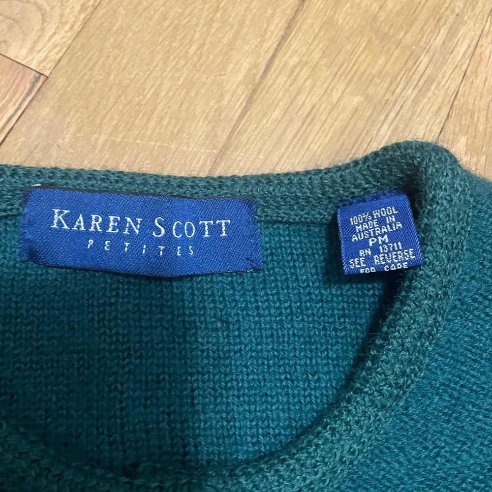 VTG Karen Scott Petites Medium Wool Cardigan Sweater Green Gold Button Academia - Picture 4 of 10
